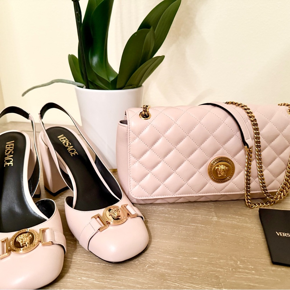 Versace Light Pink Quilted Crossbody Bag with Gold Accents